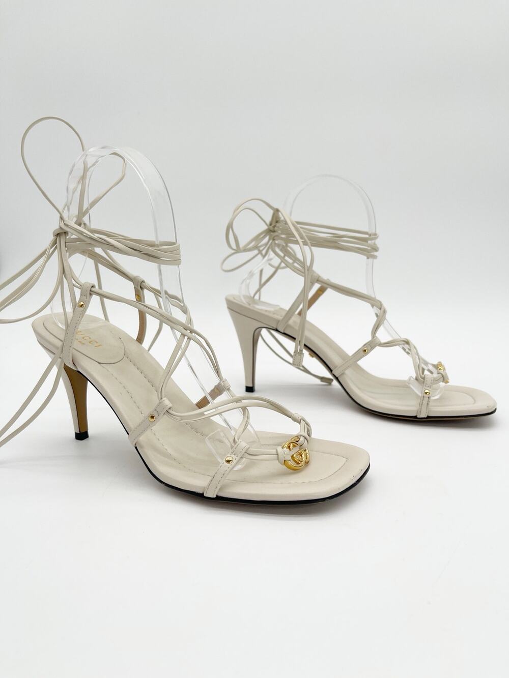 Gucci White Leather Interlocking G Lace Up Square Toe High Heel Sandals IT 37.5